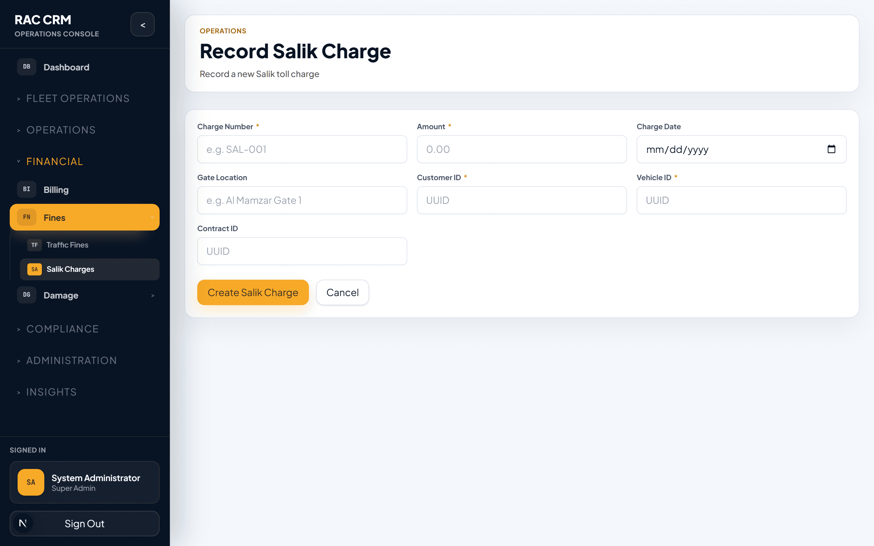 Create Salik Charge