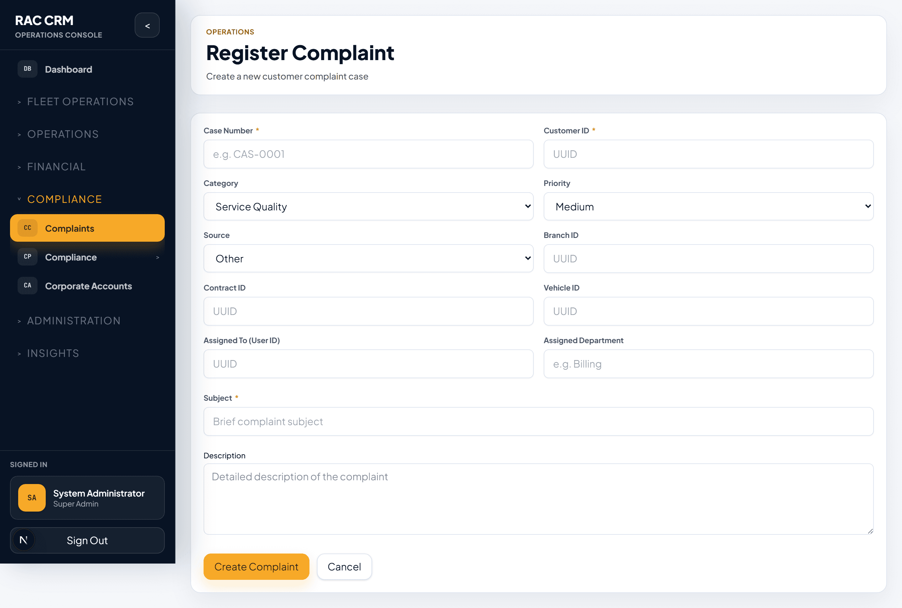 Create Complaint